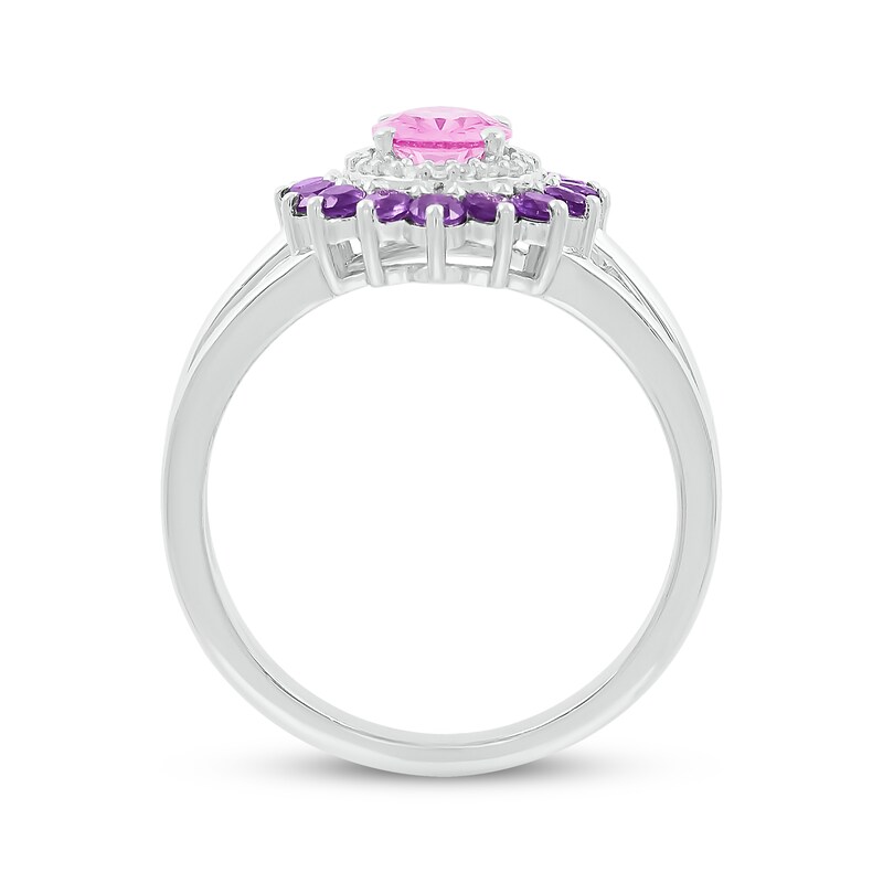 Main Image 3 of Oval-Cut Pink Lab-Created Sapphire, White Lab-Created Sapphire & Amethyst Ring Sterling Silver