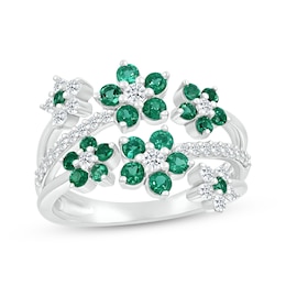 Lab-Created Emerald & White Lab-Created Sapphire Flowers Ring Sterling Silver