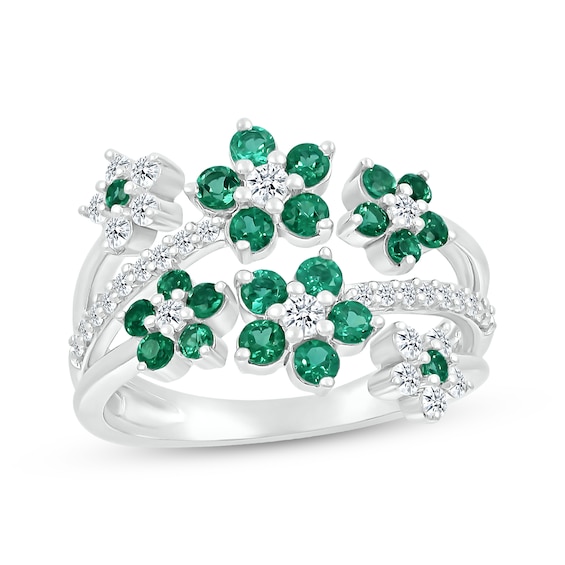 Lab-Created Emerald & White Lab-Created Sapphire Flowers Ring Sterling Silver