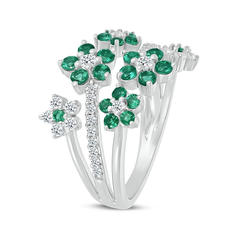 Main Image 2 of Lab-Created Emerald & White Lab-Created Sapphire Flowers Ring Sterling Silver