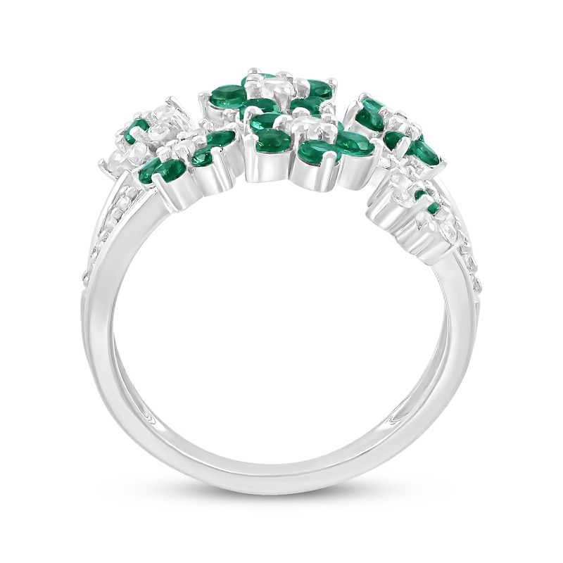 Main Image 3 of Lab-Created Emerald & White Lab-Created Sapphire Flowers Ring Sterling Silver