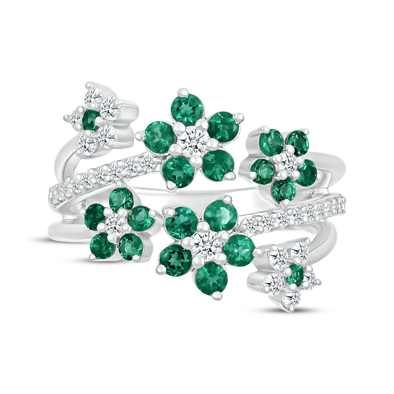Main Image 4 of Lab-Created Emerald & White Lab-Created Sapphire Flowers Ring Sterling Silver