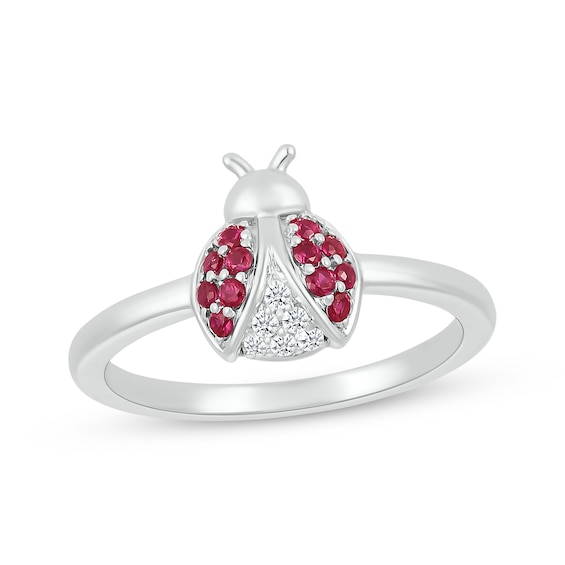 Lab-Created Ruby & White Lab-Created Sapphire Ladybug Ring Sterling Silver