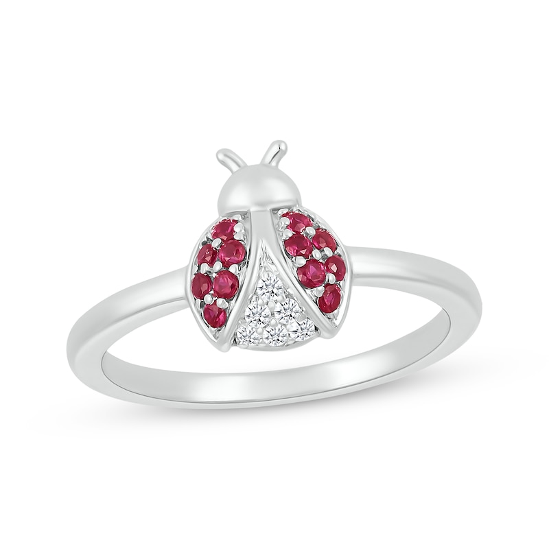 Main Image 1 of Lab-Created Ruby & White Lab-Created Sapphire Ladybug Ring Sterling Silver