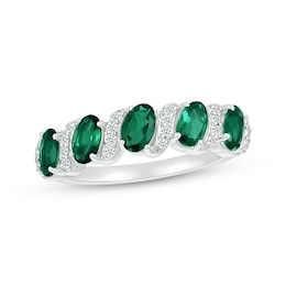 Oval-Cut Lab-Created Emerald & White Lab-Created Sapphire Ring Sterling Silver