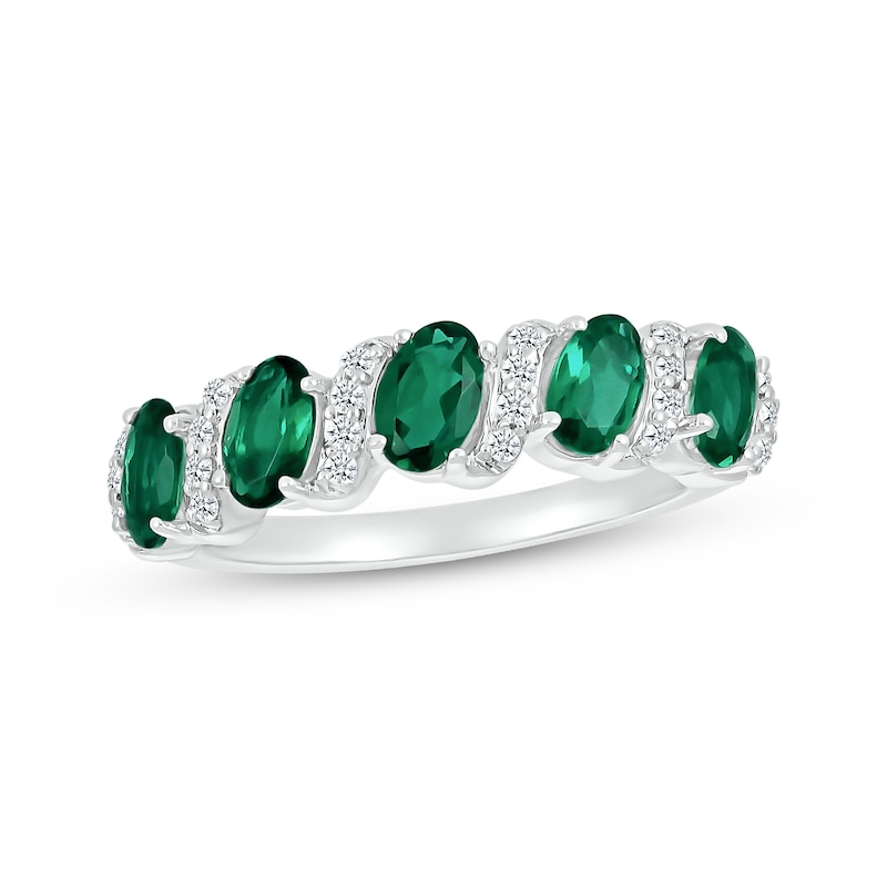 Main Image 1 of Oval-Cut Lab-Created Emerald & White Lab-Created Sapphire Ring Sterling Silver