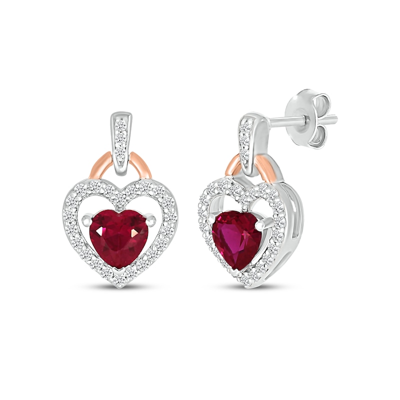 Heart-Shaped Lab-Created Ruby & White Lab-Created Sapphire Drop Earrings Sterling Silver & 10K Rose Gold