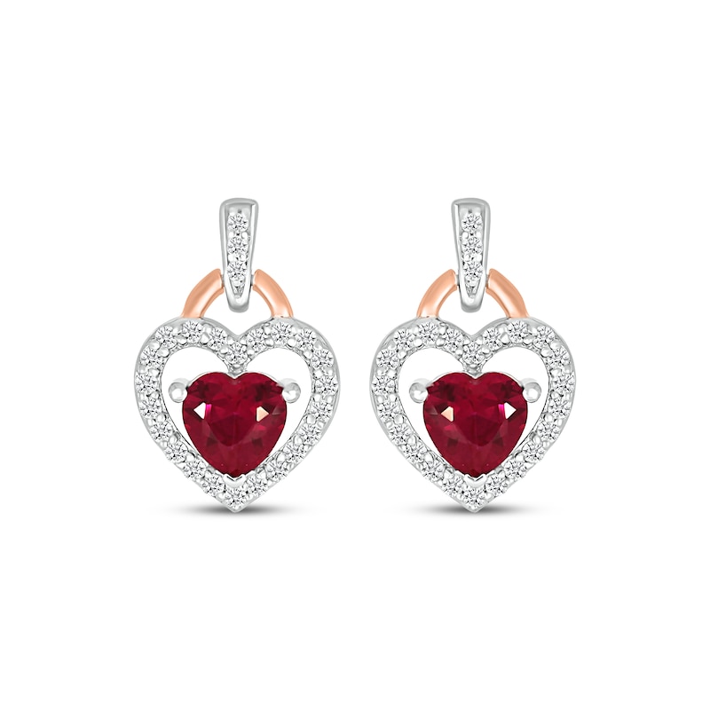 Main Image 2 of Heart-Shaped Lab-Created Ruby & White Lab-Created Sapphire Drop Earrings Sterling Silver & 10K Rose Gold
