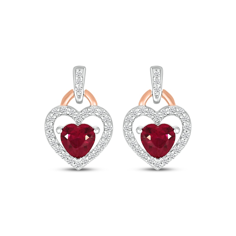 Heart-Shaped Lab-Created Ruby & White Lab-Created Sapphire Drop Earrings Sterling Silver & 10K Rose Gold