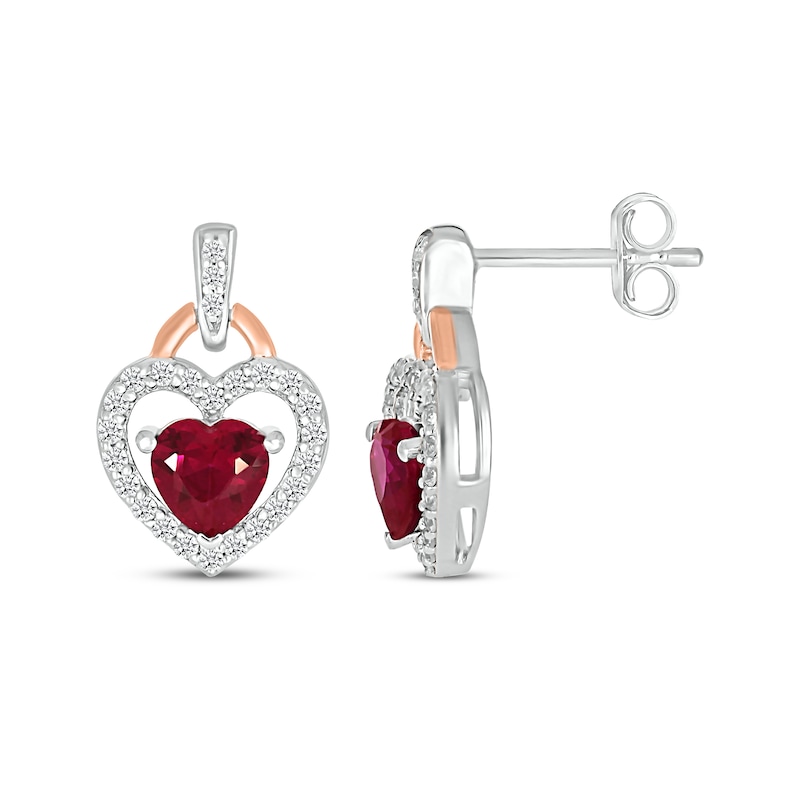 Main Image 3 of Heart-Shaped Lab-Created Ruby & White Lab-Created Sapphire Drop Earrings Sterling Silver & 10K Rose Gold