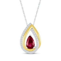 Pear-Shaped Lab-Created Ruby & White Lab-Created Sapphire Double Teardrop Necklace Sterling Silver & 10K Yellow Gold 18"
