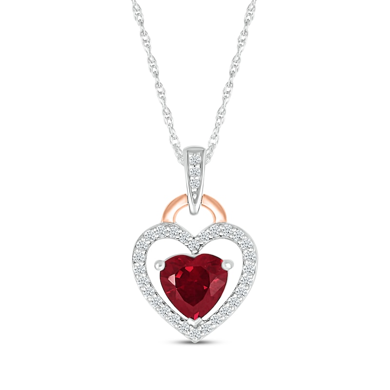 Main Image 1 of Heart-Shaped Lab-Created Ruby & White Lab-Created Sapphire Necklace Sterling Silver & 10K Rose Gold 18&quot;