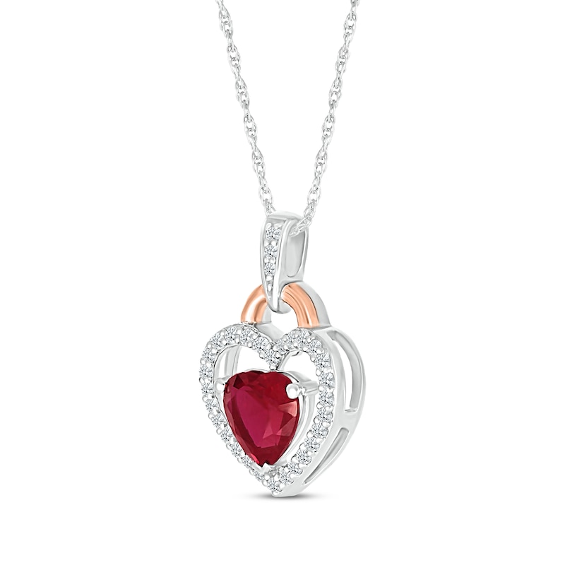 Main Image 2 of Heart-Shaped Lab-Created Ruby & White Lab-Created Sapphire Necklace Sterling Silver & 10K Rose Gold 18&quot;
