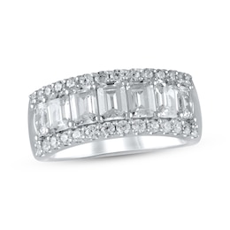 Lab-Grown Diamonds Emerald & Round-Cut Anniversary Ring 2-1/2 ct tw 14K White Gold