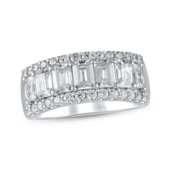 Lab-Grown Diamonds Emerald & Round-Cut Anniversary Ring 2-1/2 ct tw 14K White Gold