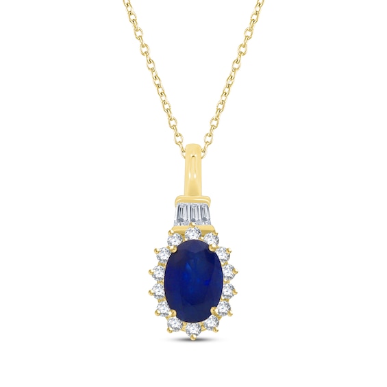 Oval-Cut Blue Sapphire, Baguette & Round-Cut Diamond Necklace 1/5 ct tw 10K Yellow Gold 18"