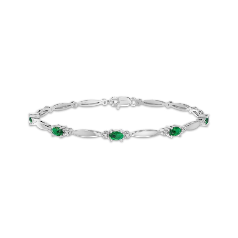 Main Image 1 of Oval-Cut Lab-Created Emerald & White Lab-Created Sapphire Link Bracelet Sterling Silver 7.25&quot;