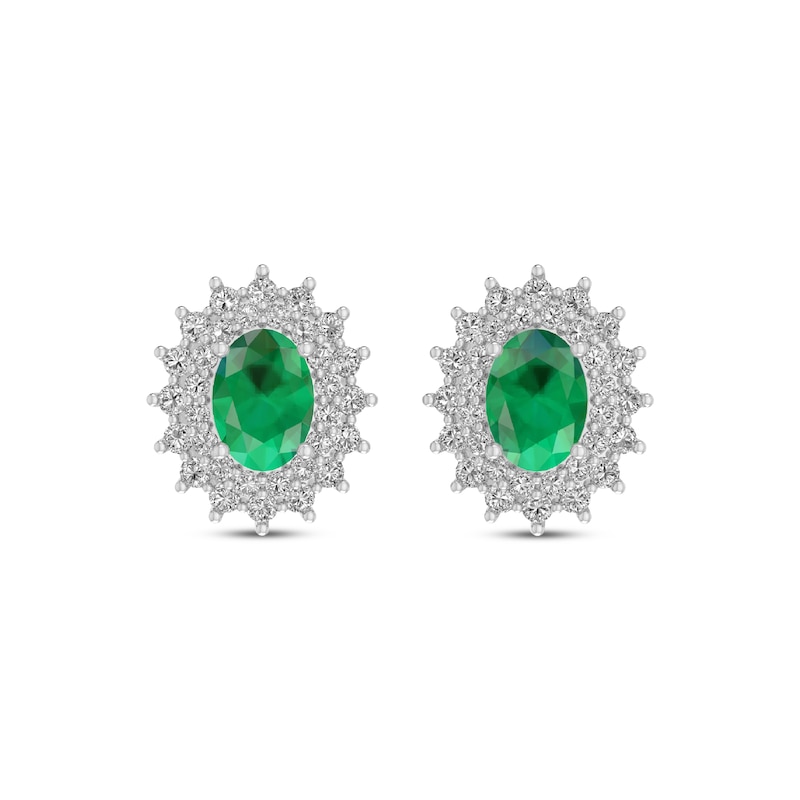 Main Image 2 of Oval-Cut Lab-Created Emerald & White Lab-Created Sapphire Starburst Earrings Sterling Silver