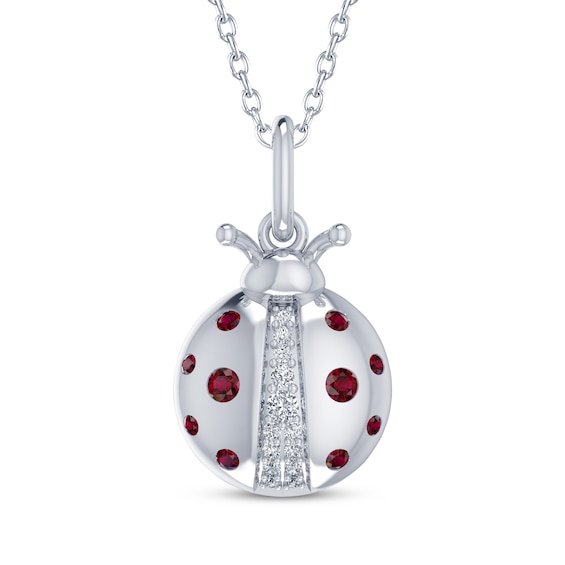 Lab-Created Ruby & White Lab-Created Sapphire Ladybug Necklace Sterling Silver 18"