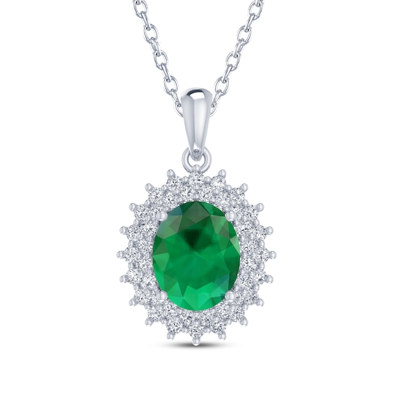 Oval-Cut Lab-Created Emerald & White Lab-Created Sapphire Starburst Necklace Sterling Silver 18"