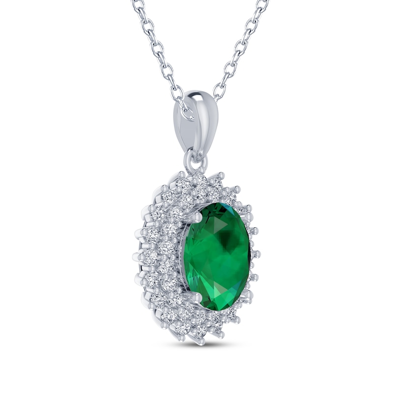 Main Image 2 of Oval-Cut Lab-Created Emerald & White Lab-Created Sapphire Starburst Necklace Sterling Silver 18"