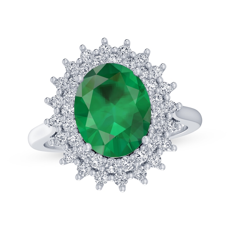 Main Image 1 of Oval-Cut Lab-Created Emerald & White Lab-Created Sapphire Starburst Ring Sterling Silver