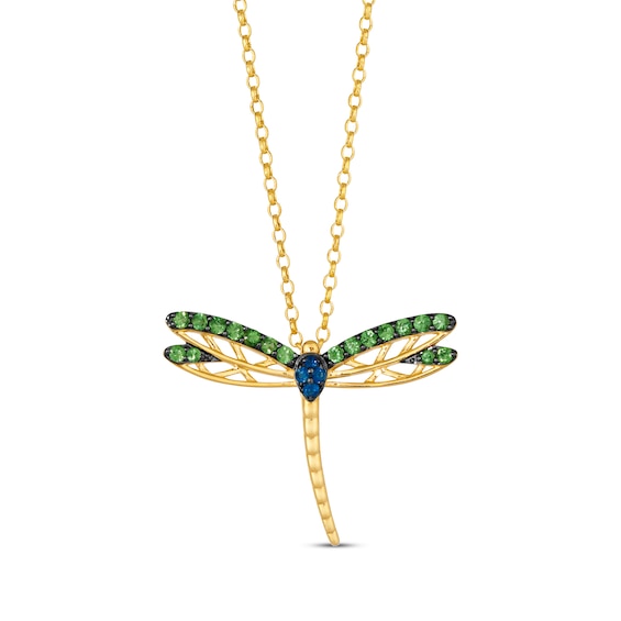 Le Vian Garden Party Tsavorite & Sapphire Dragonfly Necklace 14K Honey Gold 19"