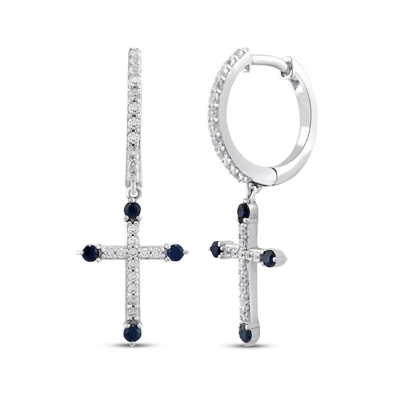 Blue & White Lab-Created Sapphire Cross Dangle Hoop Earrings Sterling Silver