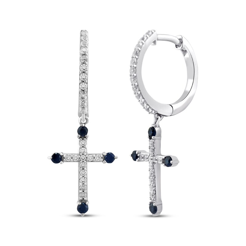 Main Image 1 of Blue & White Lab-Created Sapphire Cross Dangle Hoop Earrings Sterling Silver
