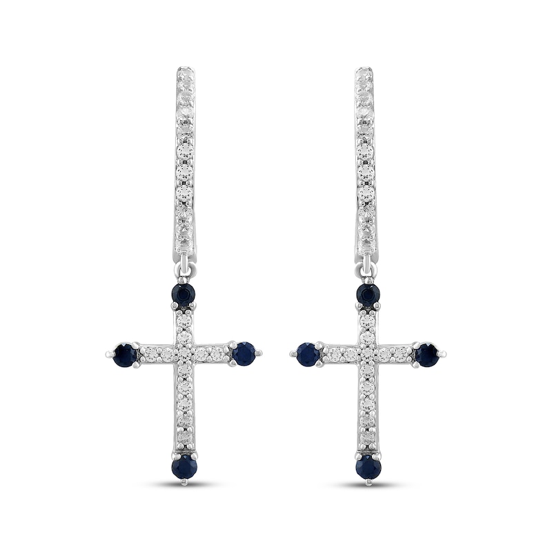 Main Image 2 of Blue & White Lab-Created Sapphire Cross Dangle Hoop Earrings Sterling Silver