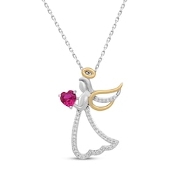 Heart-Shaped Lab-Created Ruby & White Lab-Created Sapphire Angel Necklace Sterling Silver & 10K Yellow Gold 18&quot;