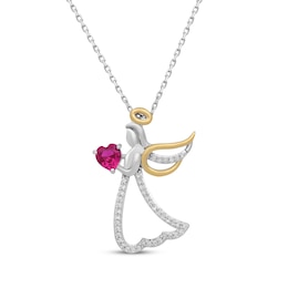 Heart-Shaped Lab-Created Ruby & White Lab-Created Sapphire Angel Necklace Sterling Silver & 10K Yellow Gold 18"