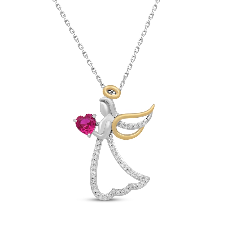 Main Image 1 of Heart-Shaped Lab-Created Ruby & White Lab-Created Sapphire Angel Necklace Sterling Silver & 10K Yellow Gold 18&quot;