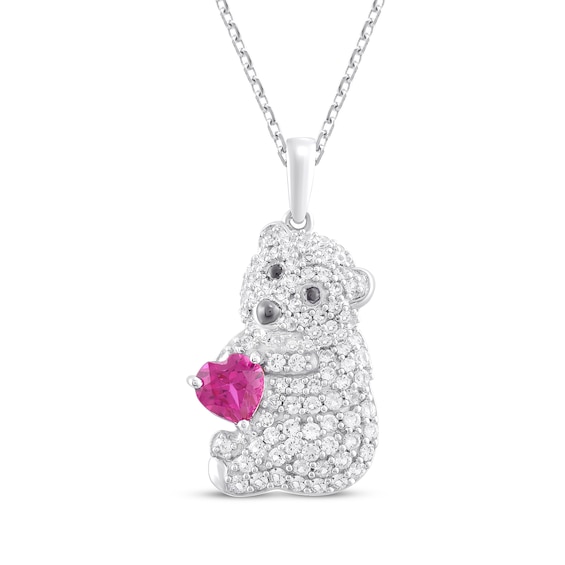 Heart-Shaped Lab-Created Ruby & White Lab-Created Sapphire Bear Necklace Sterling Silver 18"