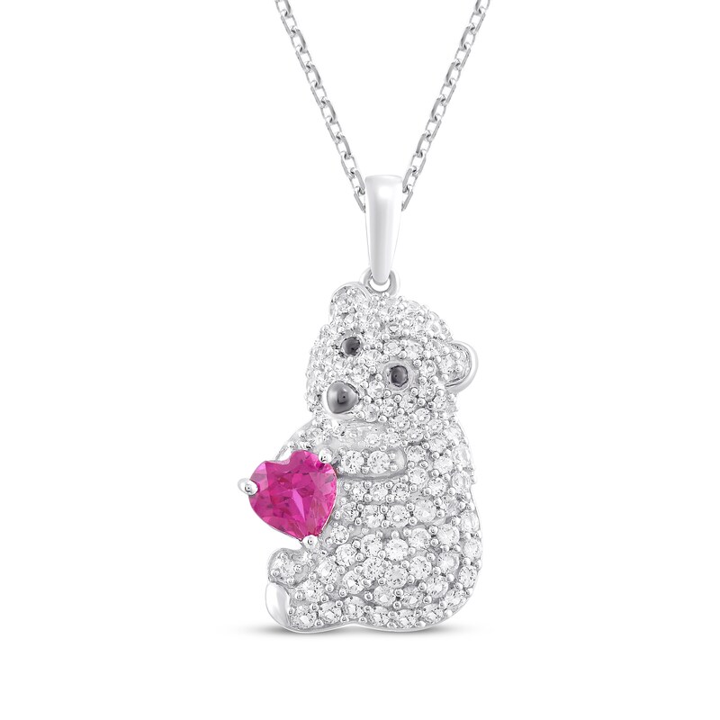 Main Image 1 of Heart-Shaped Lab-Created Ruby & White Lab-Created Sapphire Bear Necklace Sterling Silver 18"