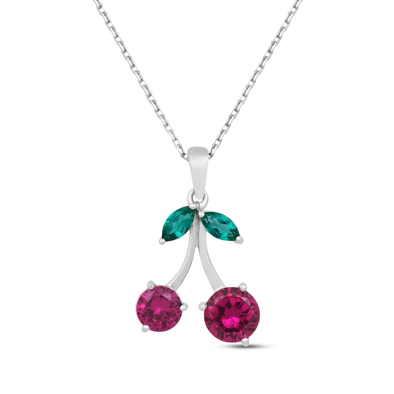Main Image 1 of Round-Cut Lab-Created Ruby & Marquise-Cut Lab-Created Emerald Cherry Necklace Sterling Silver 18&quot;