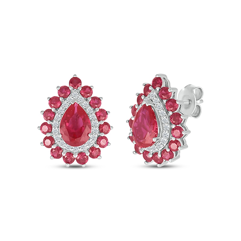 Main Image 1 of Pear-Shaped Lab-Created Ruby & White Lab-Created Sapphire Double Halo Stud Earrings Sterling Silver