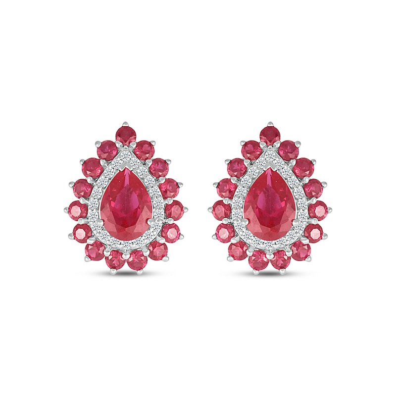 Main Image 2 of Pear-Shaped Lab-Created Ruby & White Lab-Created Sapphire Double Halo Stud Earrings Sterling Silver
