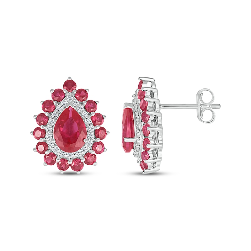 Main Image 3 of Pear-Shaped Lab-Created Ruby & White Lab-Created Sapphire Double Halo Stud Earrings Sterling Silver