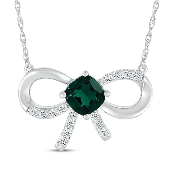 Cushion-Cut Lab-Created Emerald & White Lab-Created Sapphire Bow Necklace Sterling Silver 18"