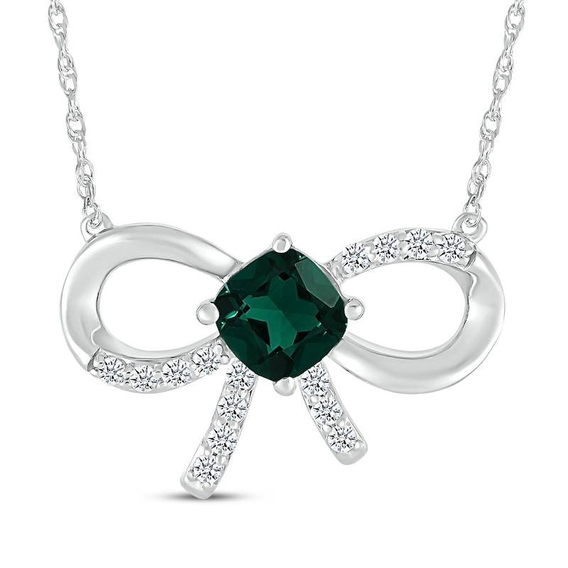 Main Image 1 of Cushion-Cut Lab-Created Emerald & White Lab-Created Sapphire Bow Necklace Sterling Silver 18"