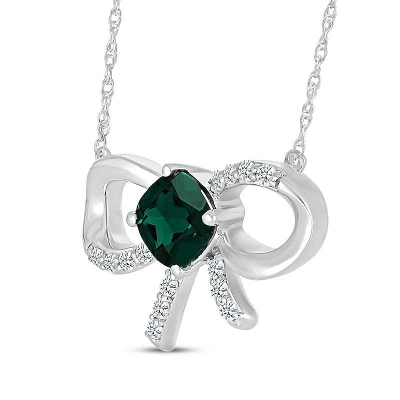Main Image 2 of Cushion-Cut Lab-Created Emerald & White Lab-Created Sapphire Bow Necklace Sterling Silver 18"
