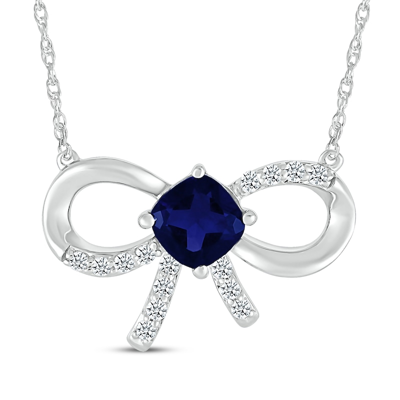 Main Image 1 of Cushion-Cut Blue Lab-Created Sapphire & White Lab-Created Sapphire Bow Necklace Sterling Silver 18"