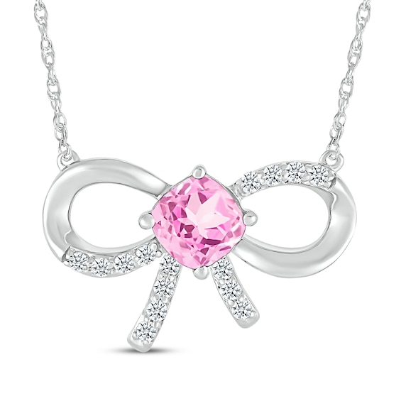 Cushion-Cut Pink Lab-Created Sapphire & White Lab-Created Sapphire Bow Necklace Sterling Silver 18"