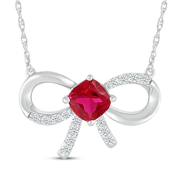 Cushion-Cut Lab-Created Ruby & White Lab-Created Sapphire Bow Necklace Sterling Silver 18"
