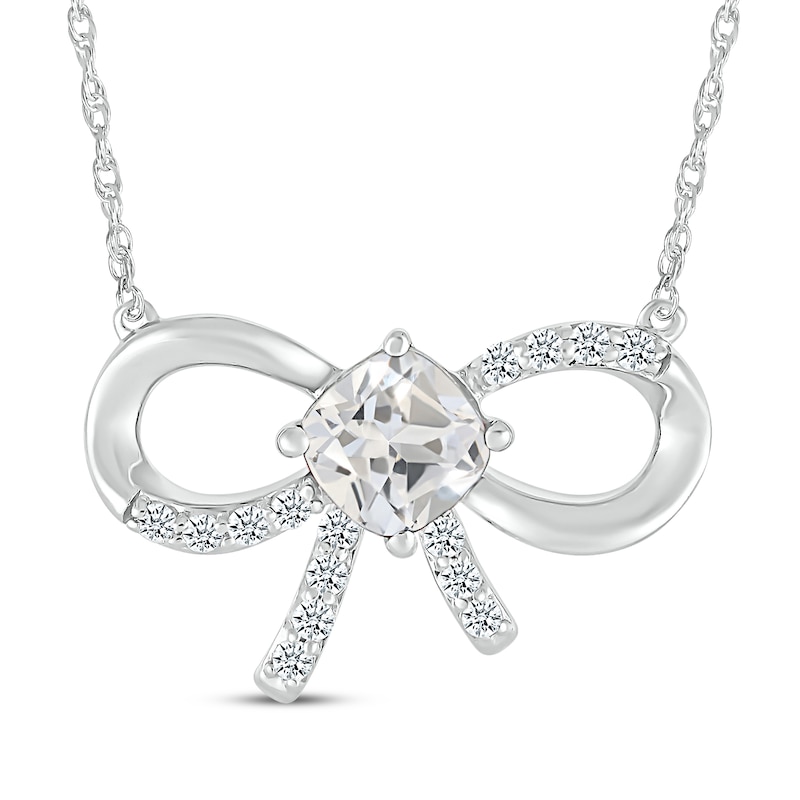 Main Image 1 of Cushion-Cut White Lab-Created Sapphire Bow Necklace Sterling Silver 18"