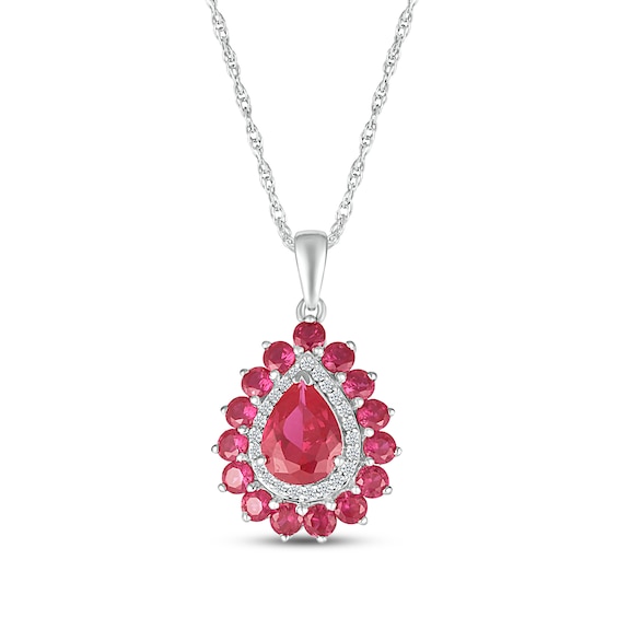 Pear-Shaped Lab-Created Ruby & White Lab-Created Sapphire Double Halo Necklace Sterling Silver 18"