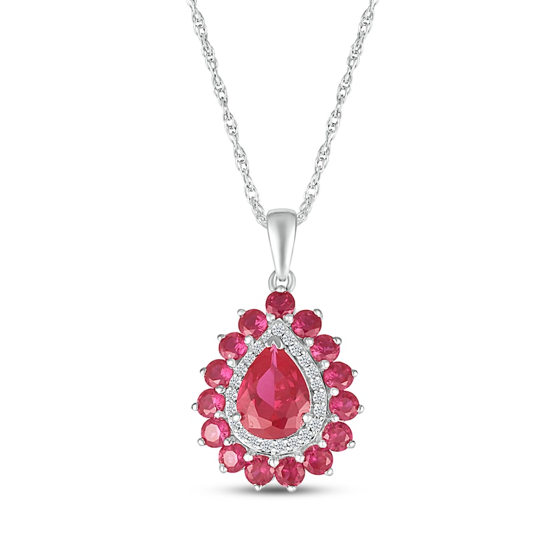 Main Image 1 of Pear-Shaped Lab-Created Ruby & White Lab-Created Sapphire Double Halo Necklace Sterling Silver 18&quot;