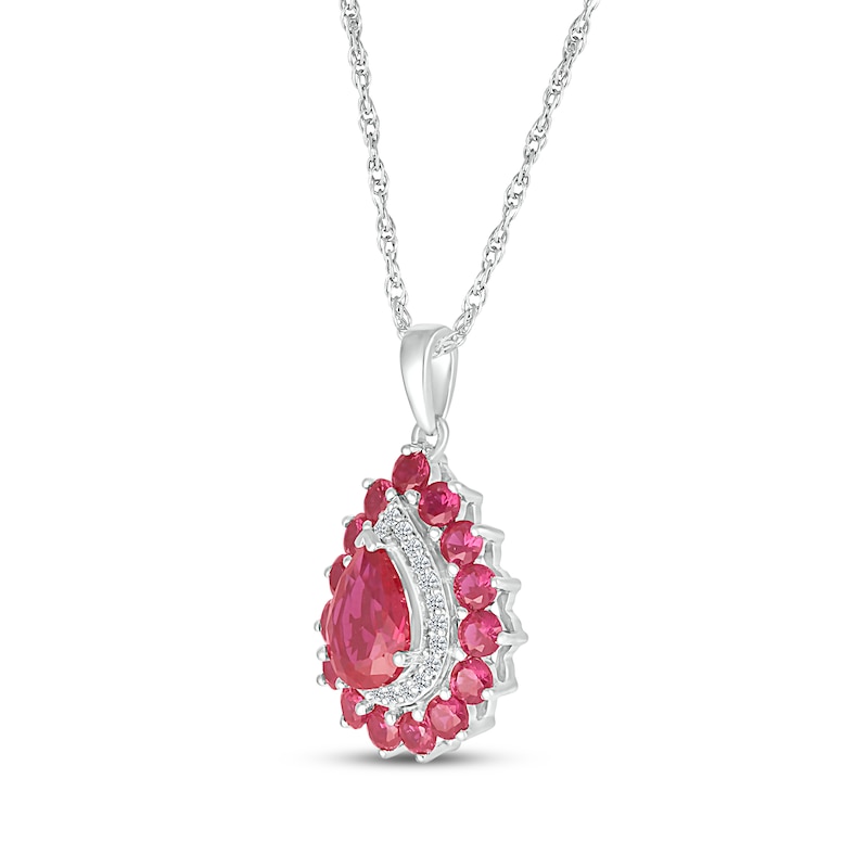Main Image 2 of Pear-Shaped Lab-Created Ruby & White Lab-Created Sapphire Double Halo Necklace Sterling Silver 18&quot;