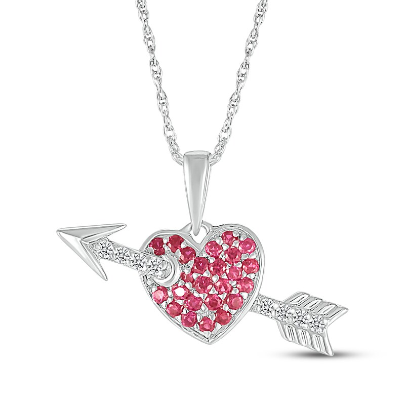 Main Image 1 of Lab-Created Ruby & White Lab-Created Sapphire Arrow & Heart Necklace Sterling Silver 18&quot;